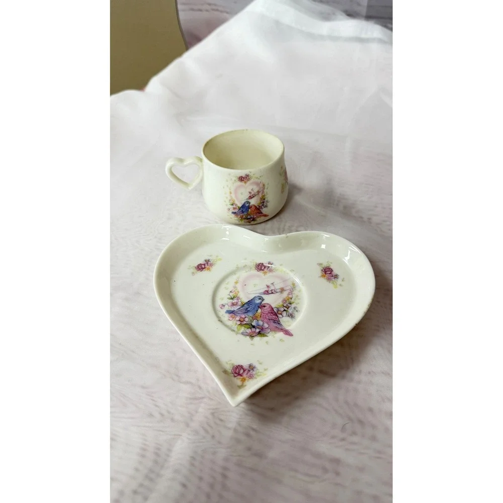 Morgana Collection Fine China Tea Set Heart Saucer Lovebirds Floral 3 Piece